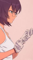 Rule 34 | 1girl, adjusting clothes, adjusting gloves, akagi (fmttps), closed mouth, girls und panzer, glasses day, gloves, green eyes, highres, hoshino (girls und panzer), looking away, pink background, short hair, simple background, solo, tank top, upper body, white gloves, white tank top