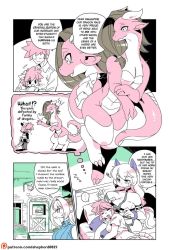 Rule 34 | 1boy, 4girls, alternate language, animal ears, breasts, comic, commentary, dragon, dragon girl, dragon horns, dragon tail, english text, father and daughter, furry, furry female, horns, horse girl, large breasts, levia (modern mogal), limited palette, maid, mother and daughter, multiple girls, original, patreon username, shepherd0821, short hair, tail