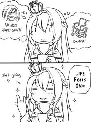 Rule 34 | 2girls, 2koma, = =, \m/, ark royal (kancolle), braid, comic, commentary, crown, cup, english text, french braid, greyscale, guin guin, hairband, kantai collection, long hair, mini crown, monochrome, multiple girls, neck brace, short hair, smile, sparkle, sweatdrop, teacup, tearing up, tears, warspite (kancolle), wheelchair