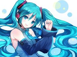 Rule 34 | 1girl, aqua eyes, aqua hair, bad id, bad twitter id, bare shoulders, closed mouth, commentary request, detached sleeves, floating hair, hair between eyes, hatsune miku, headphones, headset, jurge, long hair, looking at viewer, nail polish, necktie, sleeveless, smile, solo, twintails, very long hair, vocaloid