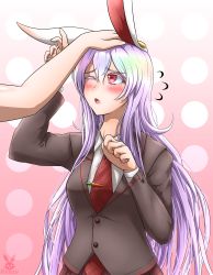 1girl, absurdres, animal ears, bangs, blazer, blouse, blush, breasts, bunny ears, buttons, carrot, collared blouse, eyebrows visible through hair, hand on another&#039;s head, highres, jacket, large breasts, light purple hair, long hair, long sleeves, necktie, one eye closed, open mouth, out of frame, petting, purple hair, red eyes, red neckwear, red skirt, reisen udongein inaba, renzibun, simple background, skirt, solo, solo focus, touhou, very long hair, white blouse