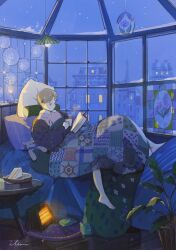 Rule 34 | 1boy, absurdres, artist name, barefoot, blanket, book, brown eyes, closed mouth, cup, highres, holding, holding book, holding cup, house, illumi999, indoors, lamp, light brown hair, lying, male focus, night, night sky, on back, original, pillow, plant, short hair, sky, snow, solo, table, vase, window