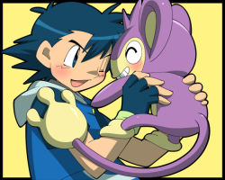 Rule 34 | 1boy, ^ ^, aipom, amada, ash ketchum, child, closed eyes, creatures (company), fingerless gloves, game freak, gen 2 pokemon, gloves, holding, male focus, nintendo, no headwear, one eye closed, open mouth, pokemon, pokemon (anime), pokemon (creature), pokemon rse (anime), smile, wink