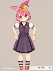Rule 34 | 1girl, alternate hair length, alternate hairstyle, artist name, dress, flaky (happy tree friends), full body, hair between eyes, happy tree friends, hat, head tilt, kab00m chuck, looking at viewer, pinafore dress, red eyes, red hair, short hair, simple background, sleeveless, sleeveless dress, socks, solo, standing, striped clothes, striped socks, translation request, unmoving pattern, yellow hat