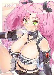 Rule 34 | 1girl, absurdres, bare shoulders, belt, black belt, black shorts, blush, breasts, character name, cleavage, commentary, cutoffs, green eyes, hatano (xhatanox), highres, large breasts, long hair, long sleeves, looking at viewer, midriff, nicole demara, pink hair, shorts, sitting, smile, solo, stomach, strapless, thighs, tube top, very long hair, zenless zone zero