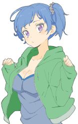 Rule 34 | 1girl, absurdres, bad id, bad twitter id, blue hair, breasts, camisole, cleavage, closed mouth, donguri suzume, green jacket, highres, hood, hood down, hooded jacket, jacket, large breasts, long sleeves, one side up, purple eyes, scrunchie, short hair, simple background, sleeves past wrists, solo, upper body, white background