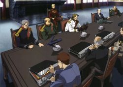 Rule 34 | 6+boys, artist request, bald, blonde hair, chair, char&#039;s counterattack, char aznable, epaulettes, formal, glasses, gold, gundam, highres, male focus, meeting, military, military uniform, model, multiple boys, necktie, old, old man, suit, suitcase, table, uniform