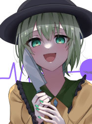 Rule 34 | 1girl, :d, black hat, brown shirt, cardiogram, collared shirt, commentary request, eringi (rmrafrn), frilled shirt collar, frilled sleeves, frills, green eyes, green hair, green nails, hat, highres, holding, holding knife, knife, komeiji koishi, long sleeves, looking at viewer, nail polish, open mouth, own hands together, shaded face, shirt, simple background, sleeves past wrists, smile, solo, touhou, upper body, white background