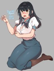 Rule 34 | 1girl, 2021, agawa ryou, artist name, black hair, blush, breasts, brown eyes, cleavage, commentary, dated, grey background, large breasts, long hair, long skirt, looking up, open mouth, original, pantyhose, pencil skirt, signature, simple background, sitting, skirt, solo, tears, wariza