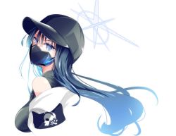 Rule 34 | 1girl, armband, bare shoulders, baseball cap, black hair, black hat, black mask, blue archive, blue eyes, breasts, cie pu (shie pu), commentary request, halo, hat, jacket, large breasts, long hair, looking at viewer, mask, mouth mask, saori (blue archive), solo, white jacket