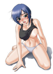 Rule 34 | 1girl, barefoot, blue hair, blush, breasts, clothes lift, kneeling, large breasts, misnon the great, nipples, panties, shirt lift, short hair, solo, sweat, tank top, thighs, underwear