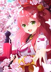 Rule 34 | 1girl, absurdres, ahoge, bare shoulders, bell, bow, breasts, cherry blossom print, cherry blossoms, detached sleeves, floral print, green eyes, hair bell, hair between eyes, hair ornament, hairclip, highres, holding, hololive, japanese clothes, kimono, large breasts, long hair, looking at viewer, miko, one side up, open mouth, outstretched arm, parasol, pink bow, pink hair, sakura miko, sakura miko (1st costume), smile, solo, starkamisan, umbrella, upper body, virtual youtuber, x hair ornament, yukata
