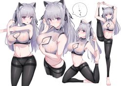 Rule 34 | 1girl, absurdres, animal ear fluff, animal ears, armpits, arms up, aruvina (gu luco), bare arms, bare shoulders, barefoot, black pants, breasts, cat ears, cleavage, cleavage cutout, clothing cutout, crop top, exercising, grey hair, grey shirt, gu luco, hair ribbon, hand up, highleg, highres, large breasts, leg up, long hair, looking at viewer, midriff, multiple views, navel, original, pants, parted lips, red eyes, ribbon, shirt, simple background, skindentation, sleeveless, sleeveless shirt, speech bubble, stomach, stretching, sweat, thong, track pants, twintails, v-shaped eyebrows, white background