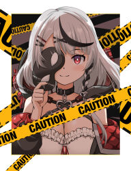 Rule 34 | 1girl, black hair, breasts, caution tape, chain, choker, cleavage, commentary request, domino mask, grey hair, hair ornament, hairclip, haniwa (leaf garden), heart, heart necklace, highres, holding, holding mask, hololive, jewelry, large breasts, long hair, long sleeves, looking at viewer, mask, mask over one eye, multicolored hair, necklace, off-shoulder jacket, off shoulder, red eyes, sakamata chloe, smile, solo, strap, streaked hair, upper body, virtual youtuber