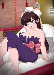 Rule 34 | 1girl, alternate costume, arm support, arm up, bare shoulders, bed, blue eyes, blush, breasts, brown hair, cleavage, curvy, happy, highres, holding, huge weapon, indoors, kuonji ukyou, large breasts, legs, legs together, long hair, looking at viewer, mage (harumagedon), open mouth, ranma 1/2, ribbon, romper, sitting, sleeveless, smile, solo, strapless, thick thighs, thighs, weapon, weapon on back