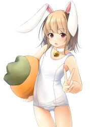 Rule 34 | 1girl, animal ears, bell, brown eyes, carrot, fake animal ears, flat chest, gluteal fold, highres, jingle bell, light brown hair, neck bell, old school swimsuit, original, pillow, playboy bunny swimsuit, rabbit ears, school swimsuit, shibacha, short hair, simple background, solo, standing, swimsuit, thigh gap, v, white background, white swimsuit