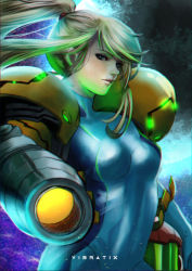 Rule 34 | 1girl, arm cannon, armor, blonde hair, blue bodysuit, bodysuit, commentary, english commentary, high ponytail, looking at viewer, metroid, nintendo, pink lips, ponytail, power armor, power suit, samus aran, skin tight, varia suit, vibratix, weapon, zero suit