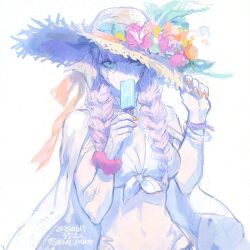 Rule 34 | 1girl, au ra, bikini, blue bikini, blue eyes, bracelet, braid, commentary, dated, dragon horns, final fantasy, final fantasy xiv, flower, food, food in mouth, front-tie bikini top, front-tie top, hand on headwear, hat, hat flower, holding, holding food, holding popsicle, horns, jacket, jewelry, long hair, looking at viewer, nail polish, navel, open clothes, open jacket, orange nails, pink hair, popsicle, popsicle in mouth, scales, scrunchie, signature, simple background, solo, straw hat, sun hat, swimsuit, symbol-only commentary, twin braids, upper body, uroko (mnr), warrior of light (ff14), white background, white jacket, wrist scrunchie