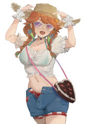 Rule 34 | 1girl, arms up, bag, bra, braid, breasts, checkered clothes, choker, cleavage, collarbone, denim, denim shorts, earrings, feather earrings, feathers, frills, gradient background, green bra, green choker, green hair, hat, hatching (texture), heart, highres, hololive, hololive english, jewelry, long hair, midriff, multicolored hair, navel, official alternate costume, open mouth, orange hair, puffy sleeves, purple-tinted eyewear, purple eyes, see-through, shorts, simple background, solo, straw hat, sunglasses, takanashi kiara, takanashi kiara (casual), tinted eyewear, tsuiru, twintails, unbuttoned, underwear, virtual youtuber, white-framed eyewear, white background
