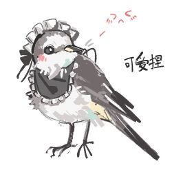 Rule 34 | animal, animal focus, bib, bird, bird request, black bow, blush stickers, bow, chinese commentary, chinese text, clothed animal, commentary request, frills, maid, maid headdress, no humans, notice lines, original, simple background, solo, translation request, white background, zhanghemankong