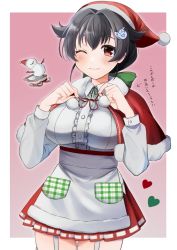 Rule 34 | 1girl, absurdres, alternate costume, apron, black hair, blush, border, breast pocket, breasts, capelet, christmas, cowboy shot, dress shirt, fur-trimmed capelet, fur trim, gradient background, hair flaps, hair ornament, hand up, heart, highres, jingei (kancolle), kantai collection, large breasts, long hair, low ponytail, pink background, pleated skirt, pocket, red capelet, red eyes, red skirt, shirt, skirt, sled, smile, snowman, solo, toriniku senshi chikinman, waist apron, white apron, white border, white shirt
