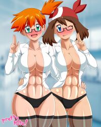 Rule 34 | 2girls, abs, asymmetrical hair, blue eyes, blush, breasts, brown hair, coat, cowboy shot, creatures (company), game freak, green eyes, gym leader, hand on another&#039;s hip, hand on own hip, lab coat, large breasts, looking at viewer, may (pokemon), misty (pokemon), multiple girls, muscular, navel, nintendo, one-open mouth, one eye closed, orange hair, pk-studios, pokemon, pokemon rgby, pokemon rse, ponytail, short hair, side ponytail, thank you, thick thighs, thighhighs, thighs, thong, tomboy, toned, tongue, tongue out, wet, wide hips, wink