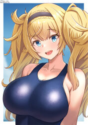 Rule 34 | 1girl, blonde hair, blue eyes, blue one-piece swimsuit, blue sky, blush, border, breasts, cloud, cloudy sky, competition swimsuit, day, gambier bay (kancolle), gambier bay mk ii (kancolle), hair between eyes, hairband, highres, kantai collection, large breasts, long hair, one-piece swimsuit, open mouth, shiromaru (maniado), sky, smile, solo, swimsuit, teeth, twintails, upper teeth only, white border