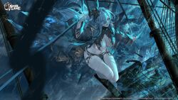 Rule 34 | 1girl, anchor, azur lane, belt, black belt, black coat, black shirt, blue eyes, blue hair, blurry, blurry foreground, breasts, cleavage, coat, commentary, english commentary, from above, full body, hair between eyes, hair over one eye, horns, large breasts, logo, long hair, looking at viewer, mary celeste (azur lane), mast, navel, ocean, official art, open clothes, open coat, parted lips, pelvic curtain, pointy ears, rain, second-party source, ship, shirt, skindentation, solo, squatting, storm, swd3e2, thigh strap, torn clothes, torn shirt, watercraft, watermark, waves