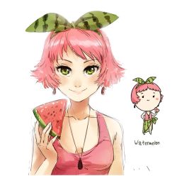 Rule 34 | 1girl, blush stickers, bow, chibi, earrings, food, food-themed clothes, fruit, green eyes, hair bow, hairband, holding, jewelry, lips, looking at viewer, meago, necklace, one-piece swimsuit, original, pendant, personification, pink hair, sarong, short hair, simple background, sketch, smile, swimsuit, tank top, upper body, watermelon