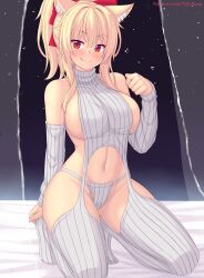 Rule 34 | 1girl, :q, animal ears, bare shoulders, blonde hair, blush, breasts, cat ears, cat girl, closed mouth, detached sleeves, grey sleeves, hand up, highres, kneeling, large breasts, long hair, long sleeves, looking at viewer, meme attire, navel, nottytiffy, original, patreon username, ponytail, red eyes, sideboob, sidelocks, slit pupils, solo, tiffy (nottytiffy), tongue, tongue out, turtleneck, virgin destroyer sweater