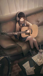 Rule 34 | 1girl, absurdres, acoustic guitar, black hair, black socks, blue bow, blush, bow, bowtie, brown coat, cellphone, closed mouth, coat, collared shirt, couch, curtains, foot out of frame, grey footwear, guitar, headphones, highres, holding, holding instrument, instrument, long hair, lunia, music, on couch, original, phone, playing instrument, school uniform, sheet music, shirt, shoes, sidelocks, sitting, smartphone, smile, sneakers, socks, table, white shirt