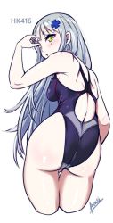 Rule 34 | 1girl, aiuti, black one-piece swimsuit, commentary request, competition swimsuit, cowboy shot, cropped legs, cross hair ornament, facial mark, from behind, girls&#039; frontline, green eyes, hair ornament, highleg, highleg swimsuit, hk416 (girls&#039; frontline), leaning forward, long hair, looking at viewer, looking back, one-piece swimsuit, signature, silver hair, simple background, solo, swimsuit, teardrop, white background