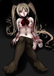 Rule 34 | absurdres, alcohol, arc system works, black legwear, blazblue, blazblue: calamity trigger, blonde hair, bow, breasts, chisana-neko, cup, drinking glass, feet, fingernails, highres, long fingernails, long hair, nail polish, nipples, rachel alucard, red eyes, slit pupils, small breasts, thighhighs, toes, twintails, vampire, very long hair, wine, wine glass