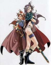 Rule 34 | 1990s (style), 2girls, araizumi rui, armlet, armor, back-to-back, blue eyes, boots, cape, circlet, crossed arms, earrings, full body, gloves, headband, height difference, highres, jewelry, knee boots, lina inverse, long hair, multiple girls, naga the serpent, open mouth, pauldrons, purple hair, red eyes, red hair, retro artstyle, revealing clothes, shoulder armor, simple background, slayers, smile, sweatdrop, sword, thigh strap, tiptoes, weapon