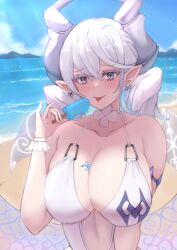 Rule 34 | 1girl, blush, breasts, cleavage, drill hair, duel monster, earrings, eating, eyelashes, food, fullborem, huge breasts, ice cream, jewelry, lovely labrynth of the silver castle, one-piece swimsuit, pointy ears, slit pupils, solo, swimsuit, transparent wings, twin drills, white hair, white one-piece swimsuit, yu-gi-oh!