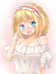 Rule 34 | 1girl, :o, alice margatroid, alternate costume, arnest, bare shoulders, blonde hair, blue eyes, blush, breasts, cleavage, collarbone, commentary request, frilled hairband, frills, gradient background, hairband, hand up, head tilt, lolita hairband, looking at viewer, medium breasts, nose blush, off-shoulder shirt, off shoulder, open mouth, pink background, puffy short sleeves, puffy sleeves, red hairband, shirt, short hair, short sleeves, solo, touhou, upper body, white background, white shirt