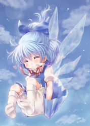 Rule 34 | 1girl, bloomers, blue hair, blush, bow, cirno, closed eyes, embodiment of scarlet devil, falling, feet, female focus, full body, hair bow, heart, highres, kneehighs, meltdown-comet, outdoors, ponytail, sky, smile, socks, solo, touhou, underwear, wings, yukiu con