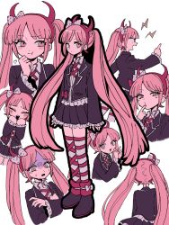 Rule 34 | 1girl, arm up, arms up, black footwear, black jacket, blush, bow, child, closed mouth, collared shirt, crossed arms, danganronpa (series), danganronpa another episode: ultra despair girls, ears, fake horns, fingernails, frilled skirt, frills, from behind, full body, hairband, hand up, hands up, headband, highres, horned headwear, horns, jacket, long hair, long sleeved jacket, long sleeves, looking at viewer, matching hair/eyes, multiple views, open mouth, pink bow, pink eyes, pink hair, pink hairband, pink headband, pink headwear, pink horns, pink stripes, polka dot, polka dot bow, puffy cheeks, shirt, simple background, skirt, striped clothes, striped thighhighs, thighhighs, twintails, upper body, utsugi kotoko, white background, white shirt, white stripes