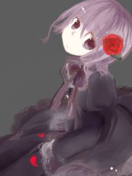Rule 34 | 00s, androgynous, bad id, bad pixiv id, bow, crona (soul eater), dress, flower, gender request, hair flower, hair ornament, lolita fashion, looking at viewer, petals, purple dress, purple eyes, purple hair, red flower, red rose, rose, short hair, solo, soul eater