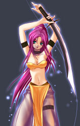 Rule 34 | 1990s (style), 1girl, armband, arms up, artist request, bikini, bikini top only, choker, faris scherwiz, female focus, final fantasy, final fantasy v, gradient background, green eyes, loincloth, long hair, lowres, midriff, mystic knight, ponytail, purple hair, retro artstyle, see-through, solo, swimsuit, sword, weapon