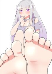 Rule 34 | 1girl, aoi hipdrop, breasts, cleavage, emilia (re:zero), feet, foot focus, large breasts, looking at viewer, medium breasts, simple background, soles, solo, tagme, white background