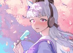 Rule 34 | 1girl, blush, brown hat, cherry blossoms, food, gold ship (umamusume), grey hair, hand up, hat, highres, holding, holding food, holding popsicle, long hair, looking at viewer, open mouth, outdoors, petals, popsicle, purple eyes, purple shirt, sailor collar, shirt, solo, sweatdrop, tree, umamusume, unneul, v-shaped eyebrows, wind