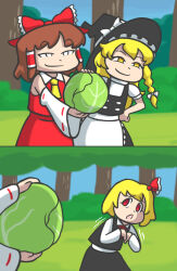 Rule 34 | 2koma, 3girls, :o, apron, ascot, black headwear, black skirt, black vest, blonde hair, bow, braid, brown hair, buttons, cabbage, collared shirt, comic, commentary, detached sleeves, edgycat, english commentary, food, forest, frilled skirt, frills, grass, hair bow, hair ribbon, hair tubes, hakurei reimu, hands on own thighs, hat, holding, holding food, kirisame marisa, long hair, long sleeves, looking at another, multiple girls, nature, necktie, outdoors, parody, puffy short sleeves, puffy sleeves, red bow, red eyes, red necktie, red ribbon, red shirt, red skirt, red vest, ribbon, ribbon-trimmed sleeves, ribbon trim, rumia, scene reference, shirt, short hair, short sleeves, sidelocks, single braid, skirt, skirt set, sleeveless, sleeveless shirt, smile, smug, spongebob squarepants (series), teasing, touhou, tree, upper body, vest, waist apron, white apron, white shirt, white sleeves, wide sleeves, witch hat, yellow ascot, yellow eyes