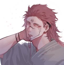 Rule 34 | 1boy, alternate hair length, alternate hairstyle, arm tattoo, breto91932828, ear piercing, extra eyes, facial tattoo, japanese clothes, jujutsu kaisen, kimono, long hair, looking to the side, male focus, mouth hold, neck tattoo, piercing, pink hair, red eyes, ryoumen sukuna (jujutsu kaisen), solo, tattoo, upper body
