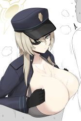 Rule 34 | 1boy, 1girl, black coat, black gloves, black hat, blue archive, breasts, closed mouth, coat, eyepatch, frown, gloves, green eyes, halo, hat, highres, large breasts, long sleeves, naozuri, paizuri, peaked cap, suou (blue archive)