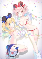 Rule 34 | 2girls, bikini, blonde hair, blue bikini, blue eyes, blush, borrowed character, bow, breasts, cherinova, cleavage, closed mouth, clothing cutout, confetti, crossed legs, flag, gloves, gradient background, highres, long hair, looking at viewer, medium breasts, mickey mouse ears, micro bikini, mouse tail, multiple girls, navel, open mouth, original, paw shoes, pink hair, polka dot, polka dot bow, red bikini, red eyes, shadow, shoes, small breasts, smile, standing, swimsuit, tail, tail bow, tail ornament, tail through clothes, twintails