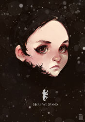 Rule 34 | 1girl, a song of ice and fire, artist name, black hair, child, fur trim, game of thrones, highres, lyanna mormont, portrait, red eyes, snow, snowing, solo, vinciruz