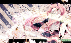 Rule 34 | 1girl, character name, cherry blossoms, detached sleeves, foreshortening, green eyes, hatsune miku, headset, katase waka, long hair, name connection, necktie, object namesake, open mouth, outstretched arms, piano keys, pink hair, sakura miku, skirt, solo, spread arms, thighhighs, twintails, very long hair, vocaloid