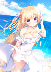 Rule 34 | 1girl, absurdres, ahoge, bare shoulders, blonde hair, blue sky, blurry, blurry background, blush, breasts, brown hat, cleavage, closed mouth, cloud, cloudy sky, collarbone, commentary request, conch, day, depth of field, dress, hair ribbon, hat, highres, holding, horizon, ikataruto, long hair, medium breasts, moe2020, ocean, off-shoulder dress, off shoulder, original, outdoors, purple ribbon, red eyes, ribbon, sky, smile, solo, straw hat, two side up, unworn hat, unworn headwear, very long hair, water, white dress, wind