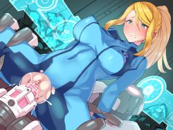 Rule 34 | 1girl, bar censor, blonde hair, blue eyes, blush, bodysuit, boris (noborhys), breasts, censored, clothed sex, covered erect nipples, cum, cum in pussy, highres, large breasts, leaning back, metroid, metroid (classic), mole, mole under mouth, nintendo, object insertion, penis, ponytail, pussy, restrained, samus aran, sex, sex machine, skin tight, skindentation, spread legs, spread pussy, stationary restraints, thighs, torn bodysuit, torn clothes, vaginal, vaginal object insertion
